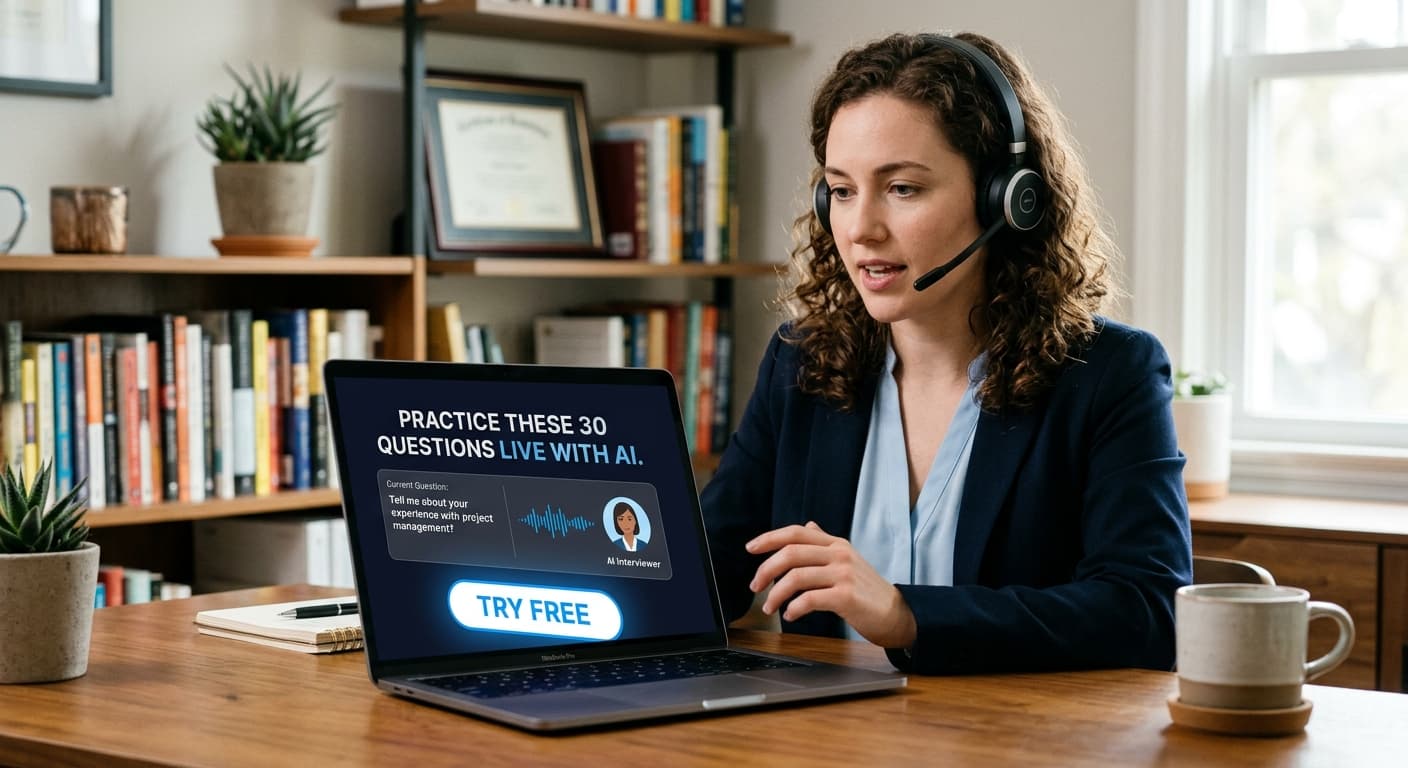 Practice these 30 questions live with AI — Try free
